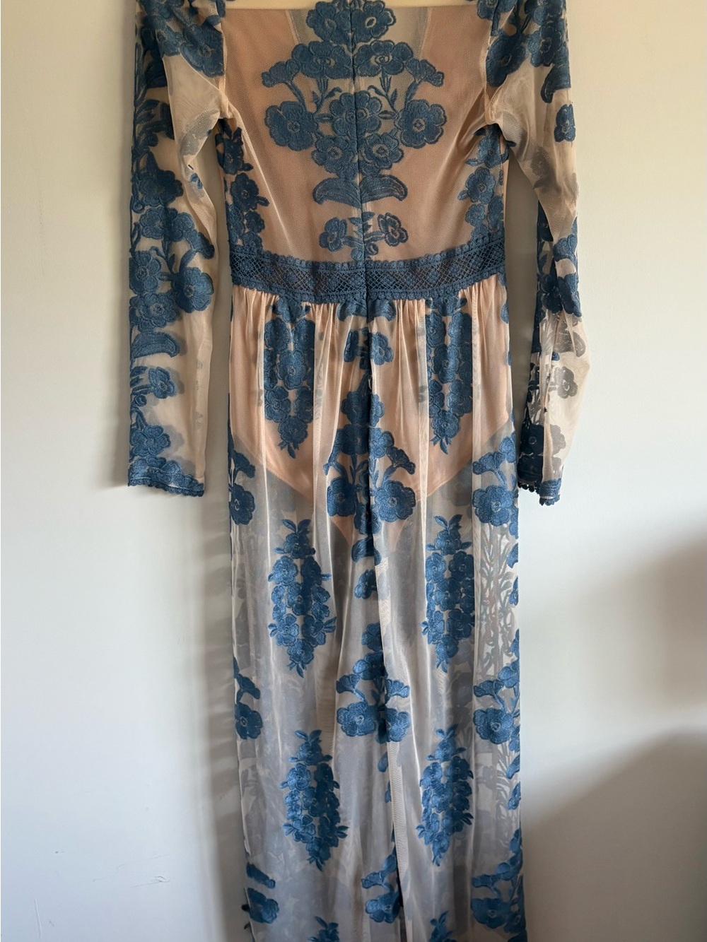 For Love & Lemons Nude Maxi Dress with Blue Floral Embroidery - Picture 4 of 4